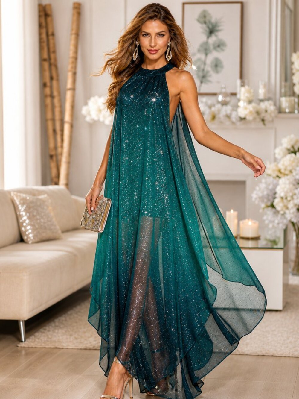Green Ombre Maxi Dress Open Side Sheer Overlay Glitter Evening Formal